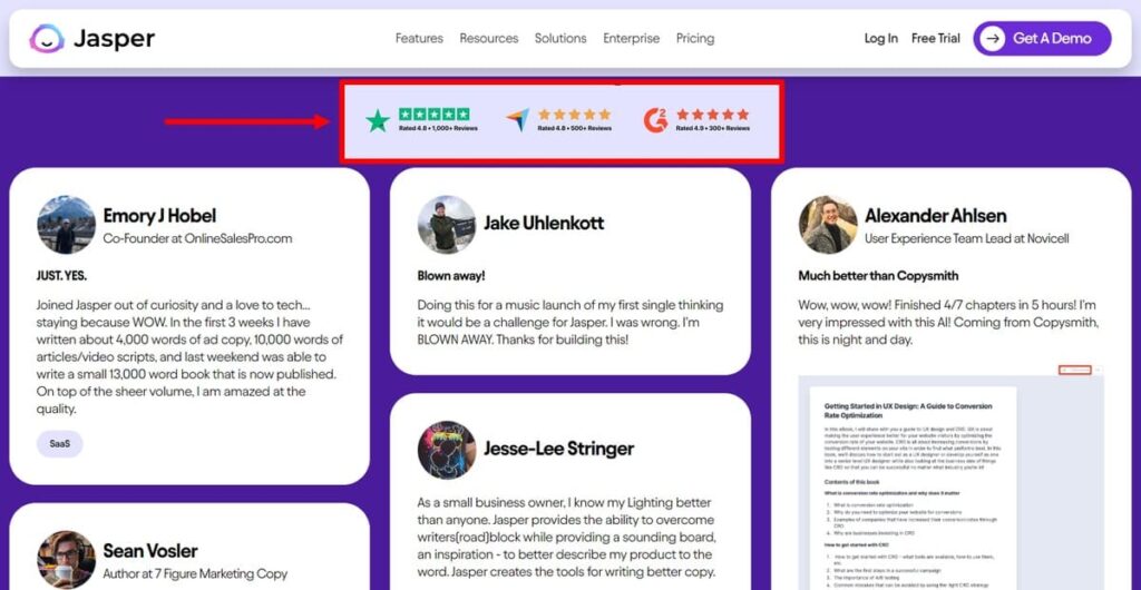 Jasper AI's website review page